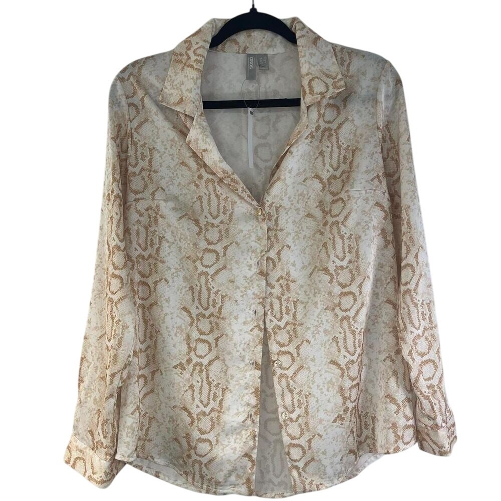 NWT ASOS Women Button Down Blouse Snakeskin Print Satin Tan Size 4 Chic Print
